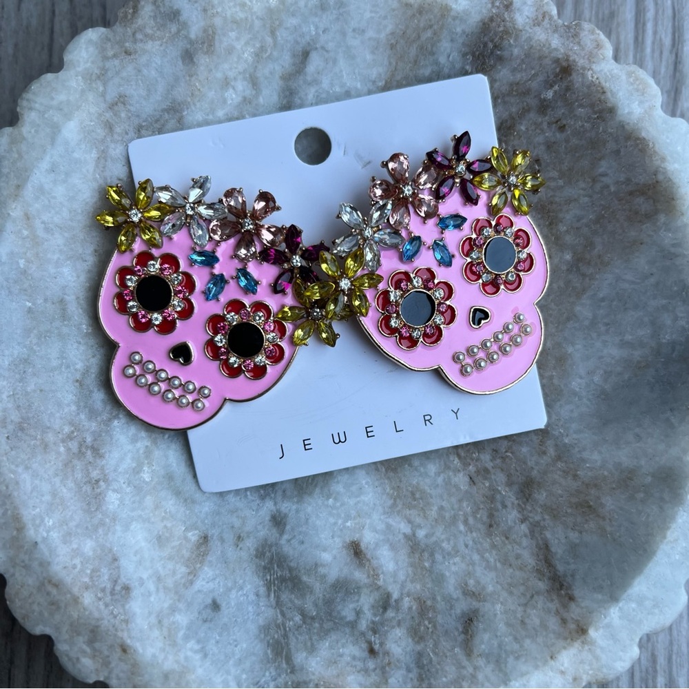 Sugar Skull Earring Studs LARGE Stones Boho Skeleton Sparkly 2"